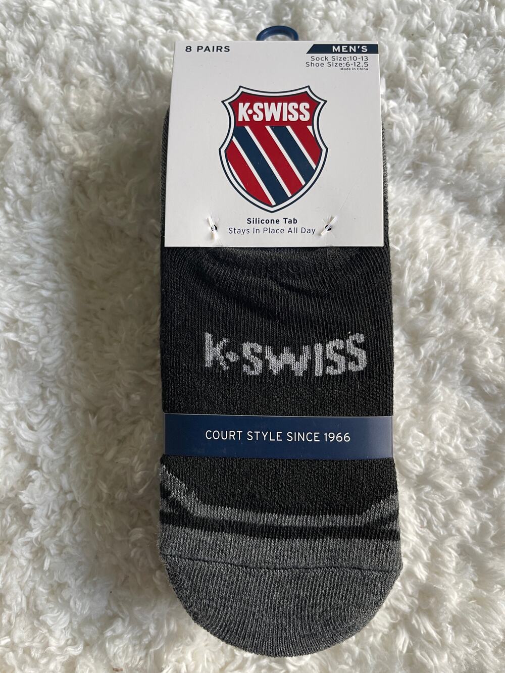 K-Swiss No-Show Socks 8 Pairs Mens Silicone Tab Size 10-13 Black Gray NEW